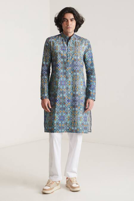 Buy_Blushing Couture By Shafali_Blue Cotton Printed Mosaic Kurta And Pant Set _Online_at_Aza_Fashions