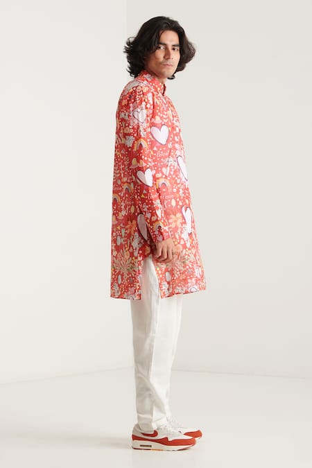 Blushing Couture By Shafali_Red Cotton Printed Heart Kurta And Pyjama Set _Online_at_Aza_Fashions