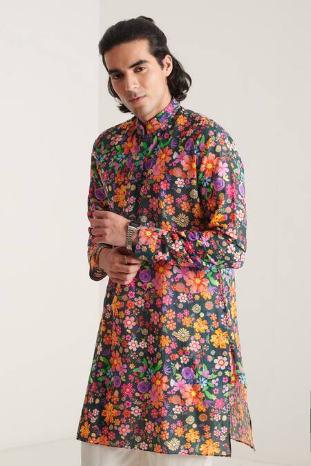 Buy_Blushing Couture By Shafali_Green Cotton Printed Floral Kurta And Pyjama Set _Online_at_Aza_Fashions