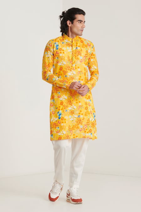 Blushing Couture by shafali Yellow Cotton Printed Floral Short Kurta And Pyjama Set 