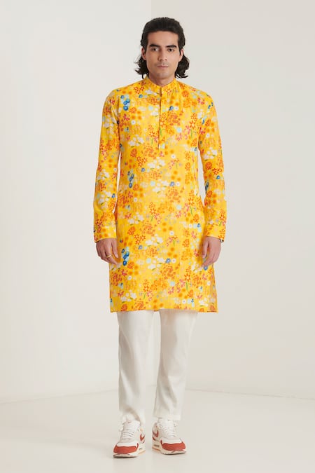 Buy_Blushing Couture By Shafali_Yellow Cotton Printed Floral Short Kurta And Pyjama Set _Online_at_Aza_Fashions