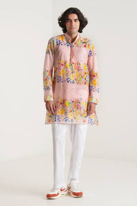 Blushing Couture By Shafali_Pink Cotton Printed Floral Kurta And Pyjama Set _Online_at_Aza_Fashions