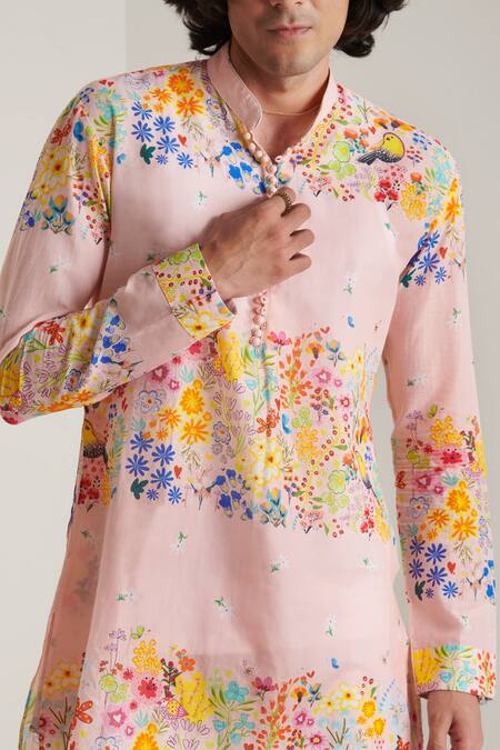Buy_Blushing Couture By Shafali_Pink Cotton Printed Floral Kurta And Pyjama Set _Online_at_Aza_Fashions