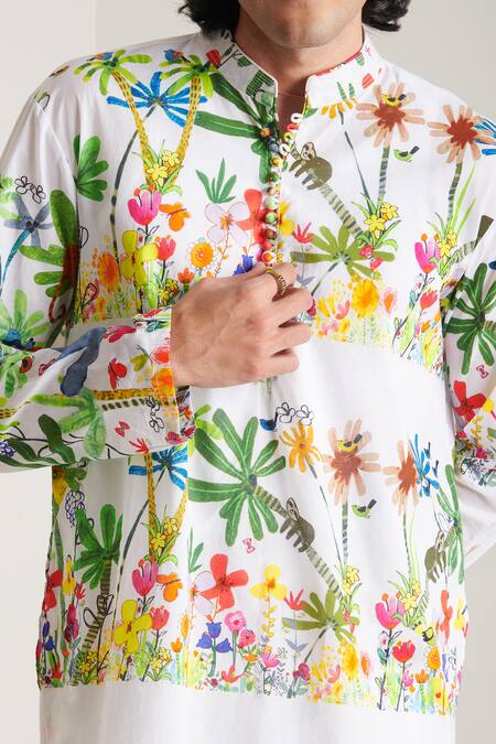 Buy_Blushing Couture By Shafali_Multi Color Cotton Printed Gardenia Kurta And Pyjama Set _Online_at_Aza_Fashions