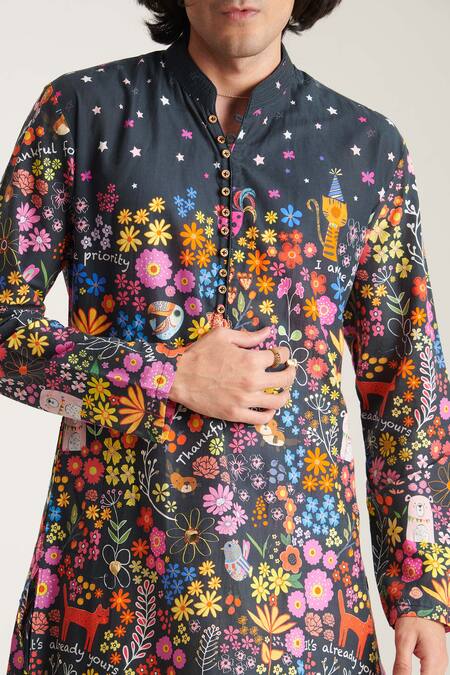 Blushing Couture By Shafali_Black Cotton Printed Floral Straight Kurta And Pyjama Set _Online_at_Aza_Fashions