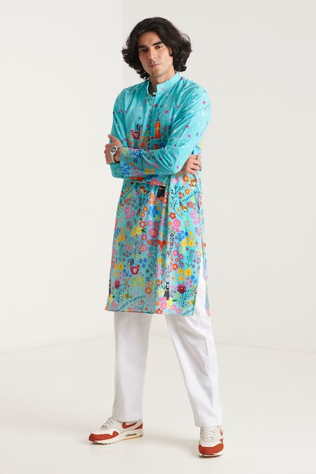 Blushing Couture by shafali Blue Cotton Printed Bohemian Kurta And Pyjama Set 