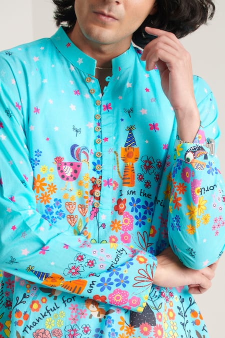 Blushing Couture By Shafali_Blue Cotton Printed Bohemian Kurta And Pyjama Set _Online_at_Aza_Fashions