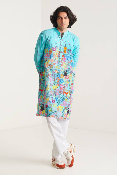 Buy_Blushing Couture By Shafali_Blue Cotton Printed Bohemian Kurta And Pyjama Set _Online_at_Aza_Fashions