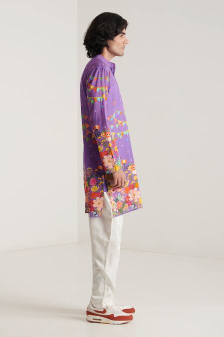 Blushing Couture By Shafali_Purple Cotton Printed Carnival Kurta And Pyjama Set _Online_at_Aza_Fashions