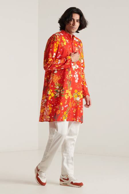 Blushing Couture By Shafali_Red Cotton Printed Floral Embroidered Kurta And Pyjama Set _Online_at_Aza_Fashions