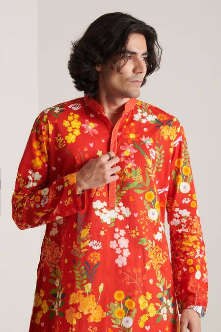 Buy_Blushing Couture By Shafali_Red Cotton Printed Floral Embroidered Kurta And Pyjama Set _Online_at_Aza_Fashions