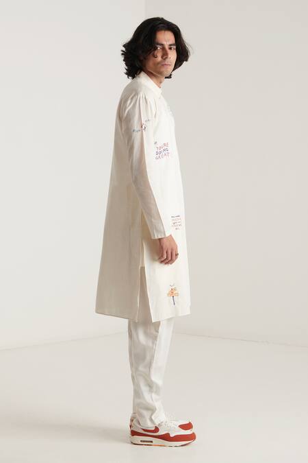 Blushing Couture By Shafali_Off White Cotton Embroidery Kurta And Pant Set _Online_at_Aza_Fashions