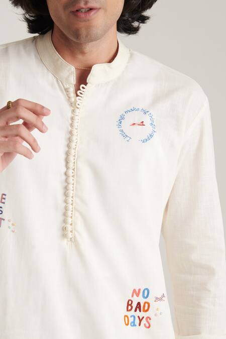 Buy_Blushing Couture By Shafali_Off White Cotton Embroidery Kurta And Pant Set _Online_at_Aza_Fashions