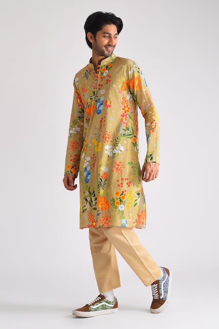 Blushing Couture by shafali Beige Cotton Printed Floral Kurta And Pant Set 