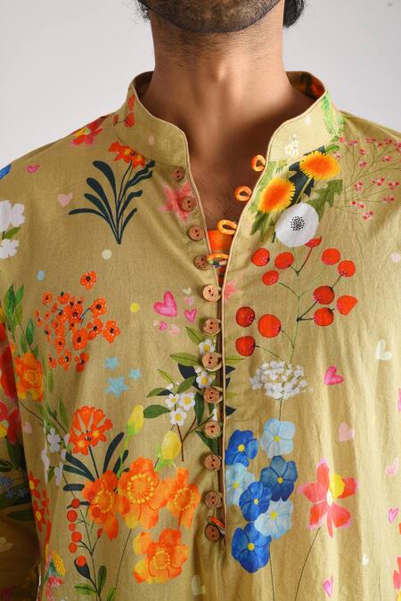 Blushing Couture By Shafali_Beige Cotton Printed Floral Kurta And Pant Set _Online_at_Aza_Fashions