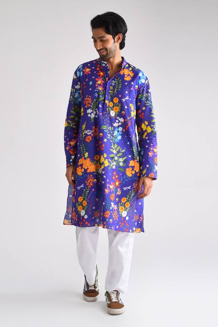 Buy_Blushing Couture By Shafali_Purple Cotton Printed Floral Kurta And Pant Set _Online_at_Aza_Fashions