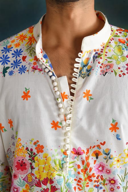 Blushing Couture By Shafali_Cream Cotton Printed Floral Kurta And Pant Set _Online_at_Aza_Fashions