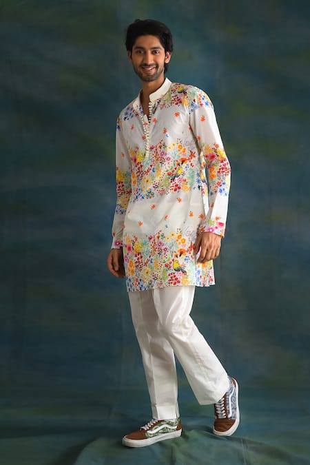 Buy_Blushing Couture By Shafali_Cream Cotton Printed Floral Kurta And Pant Set _Online_at_Aza_Fashions