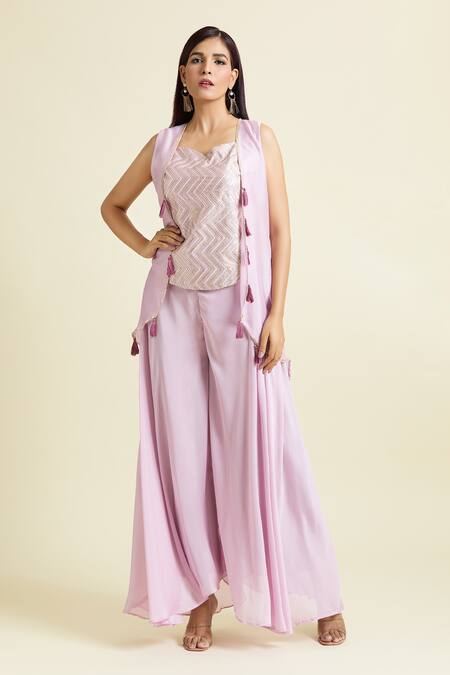Shop_Samyukta Singhania_Purple Georgette Sequins Sweetheart Neck, Open Embroidered Tunic Set With Jacket 