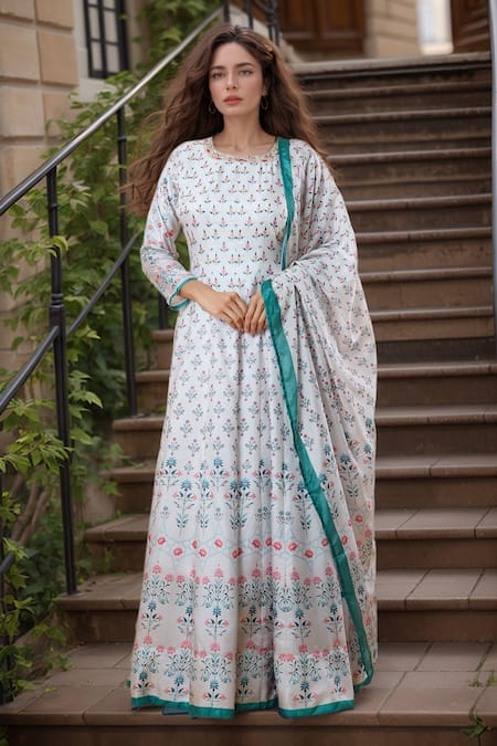 Samyukta Singhania White Anarkali Dola Silk Printed Floral Round Digital With Dupatta 