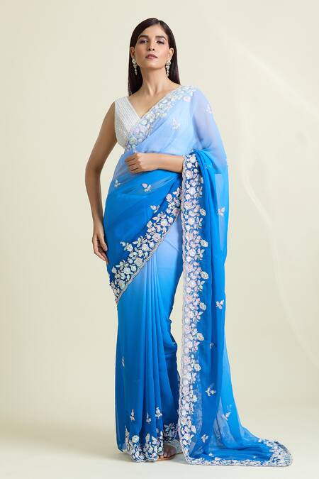 Shop_Naintara Bajaj_Blue Georgette, Brocade Ombre Embellished Saree With Unstitched Blouse Piece