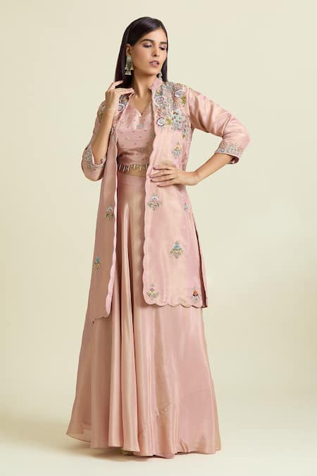 Buy Samyukta Singhania Rose Gold Tissue, Taffeta Sequins, Floral Embroidered Scallop Jacket Lehenga Set Buy_Samyukta Singhania_Rose Gold Tissue, Taffeta Sequins, Floral Embroidered Scallop Jacket Lehenga Set