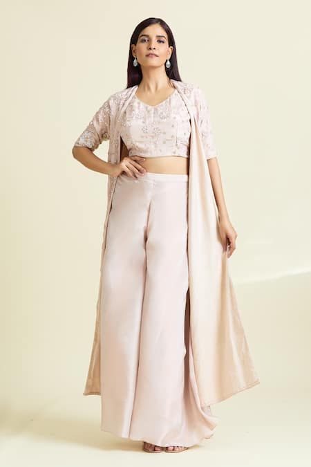 Shop_Samyukta Singhania_Pink Tissue, Taffeta Embroidery, Sequins V-neck, Blossom Embellished Jacket Set 
