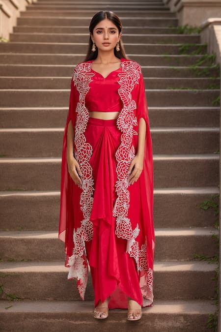 Samyukta Singhania Thread Embroidered Border Cape Draped Skirt 