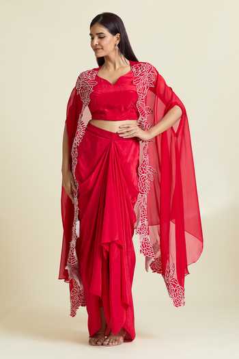 Shop Samyukta Singhania Red Organza, Crepe Embroidery Asymmetric Thread Border Cape Draped Skirt Shop_Samyukta Singhania_Red Organza, Crepe Embroidery Asymmetric Thread Border Cape Draped Skirt