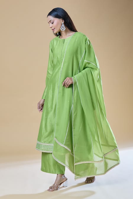 Buy_Samyukta Singhania_Green Chanderi, Viscose Sequins, Gota Patti Round Embroidered Kurta Pant Set _Online_at_Aza_Fashions