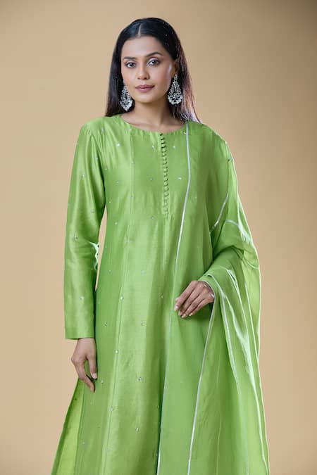 Shop_Samyukta Singhania_Green Chanderi, Viscose Sequins, Gota Patti Round Embroidered Kurta Pant Set _Online_at_Aza_Fashions