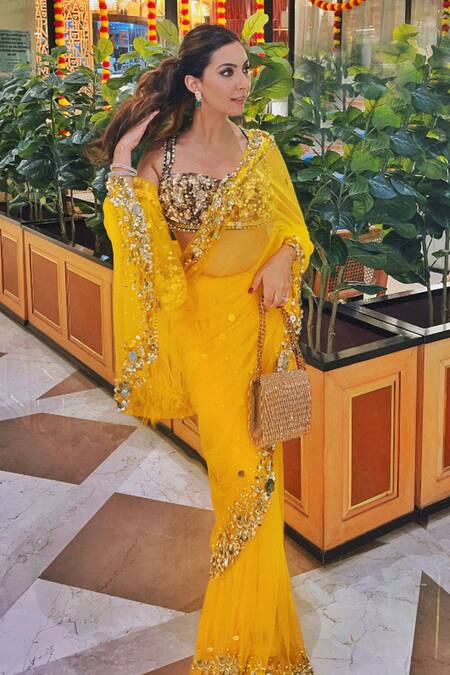 Shop_Dilnaz_Emerald Green Net, Polyester, Satin Sequins, Beads, Mirrors, Embroidered Blouse_Online_at_Aza_Fashions