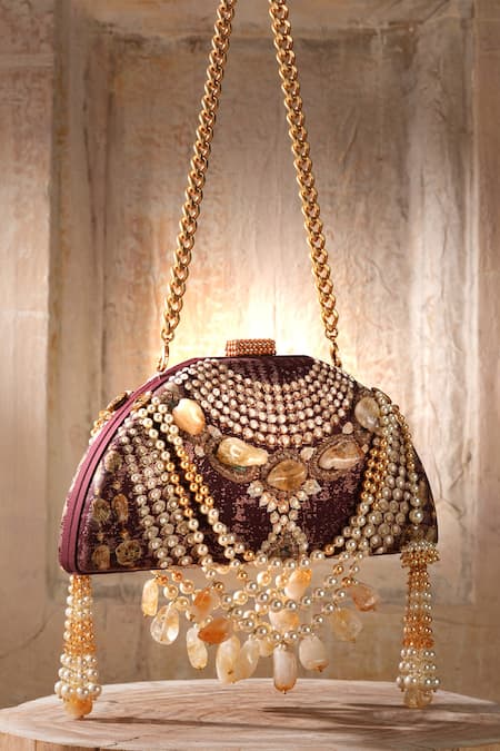 Tarun Tahiliani Red Pearl Jewelled Swarovski Embellished Clutch 