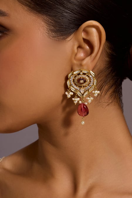 Tarun Tahiliani Red Zircon Stone Embellished Drop Earrings 