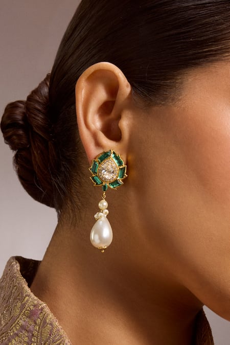 Tarun Tahiliani Lotus Emerald Embellished Earrings 