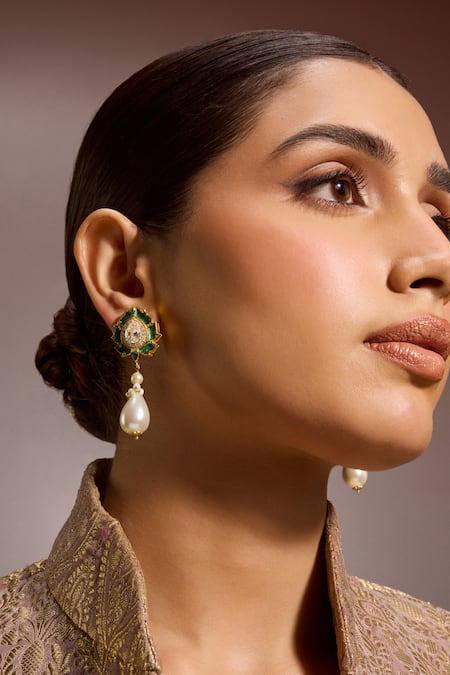 Shop_Tarun Tahiliani_Emerald Green Stones, Crystals, Pearls Lotus Embellished Earrings _Online_at_Aza_Fashions