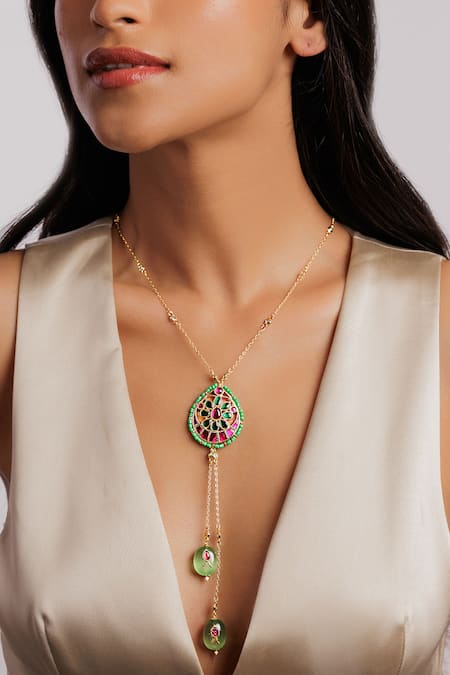 Curio Cottage Kundan Embellished Pendant Tassel Long Necklace 