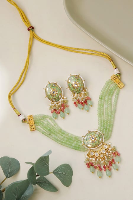 Shop Curio Cottage Green Stones, Beads Gardenia Embellished Pendant Choker Set at Aza Fashions Shop_Curio Cottage_Green Stones, Beads Gardenia Embellished Pendant Choker Set_at_Aza_Fashions