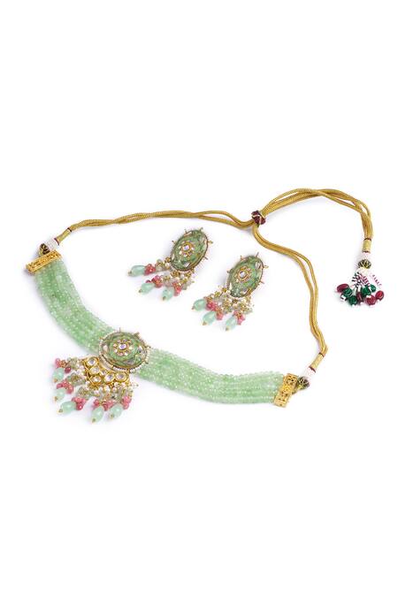 Curio Cottage_Green Stones, Beads Gardenia Embellished Pendant Choker Set_Online_at_Aza_Fashions