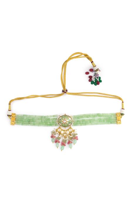 Buy_Curio Cottage_Green Stones, Beads Gardenia Embellished Pendant Choker Set_Online_at_Aza_Fashions
