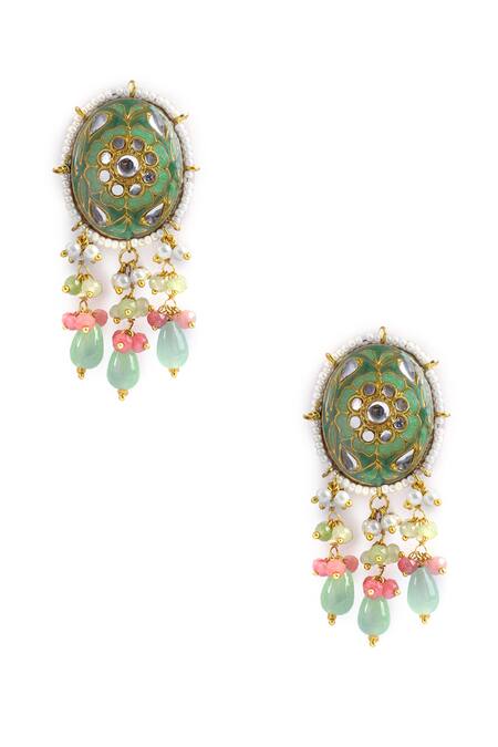 Shop_Curio Cottage_Green Stones, Beads Gardenia Embellished Pendant Choker Set_Online_at_Aza_Fashions