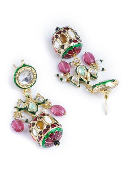 Buy_Curio Cottage_Multi Color Pearls, Stones, Gota Patti Navratna And Kundan Dangler Earrings_Online_at_Aza_Fashions
