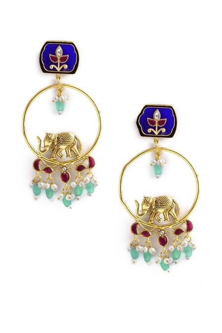 Curio Cottage_Gold Plated Pearls, Stones, Gota Patti Tusker Motif Chandbali Earrings_Online_at_Aza_Fashions