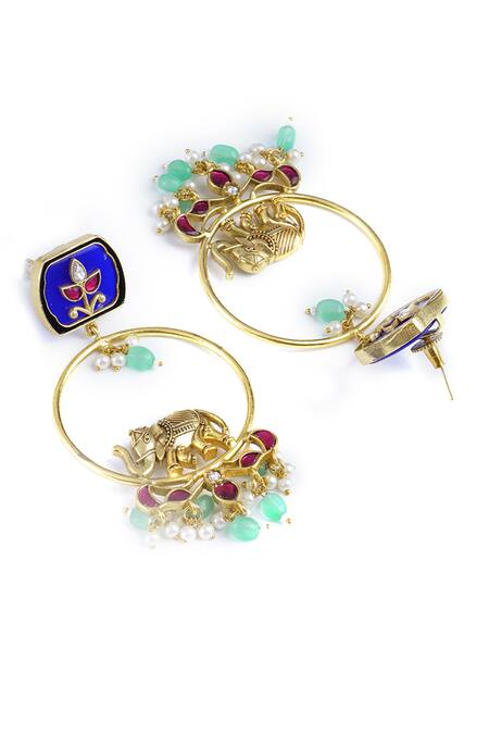 Buy_Curio Cottage_Gold Plated Pearls, Stones, Gota Patti Tusker Motif Chandbali Earrings_Online_at_Aza_Fashions