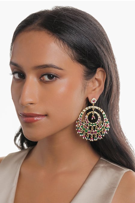 Curio Cottage Multi Color Stones, Zari Spring Jadau Chandbalis 
