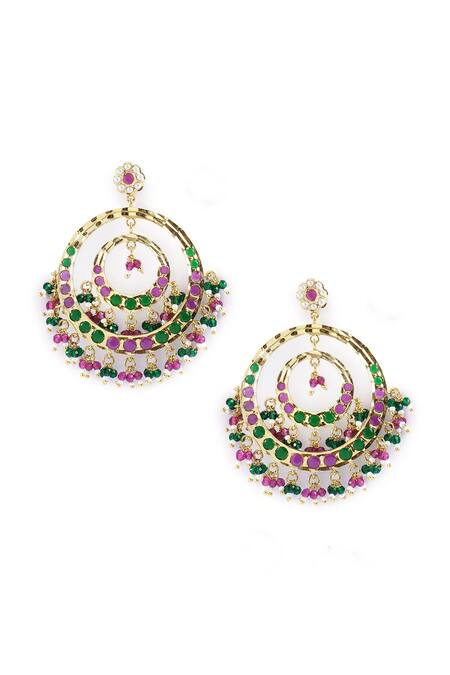 Curio Cottage_Multi Color Stones, Zari Spring Jadau Chandbalis_Online_at_Aza_Fashions