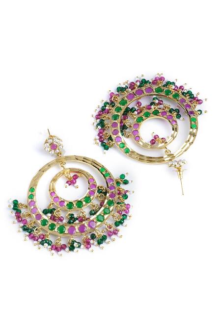 Buy_Curio Cottage_Multi Color Stones, Zari Spring Jadau Chandbalis_Online_at_Aza_Fashions