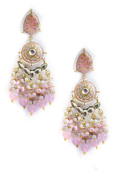 Curio Cottage_Pink Pearls, Beads Spring Enamel Dangler Earrings_Online_at_Aza_Fashions