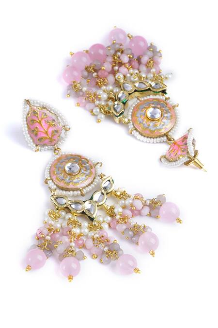 Buy_Curio Cottage_Pink Pearls, Beads Spring Enamel Dangler Earrings_Online_at_Aza_Fashions