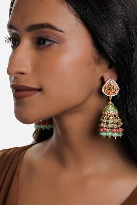 Curio Cottage Multi Color Kundan Bahara Jhumki Drop Earrings 